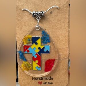 Autism Awareness Resin Teardrop Pendant With Dried Flowers & Autism Cros…
